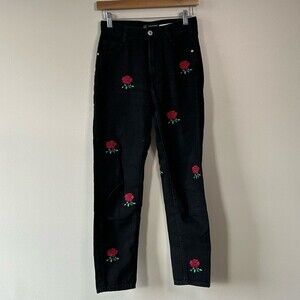 Zara Black Rose Embroidered Denim High Waisted Skinny Jeans Size 2